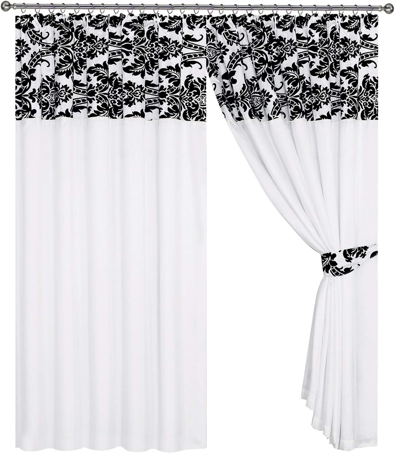 Half Flock Damask Pencil Pleat Curtains (66''x72''(168x183cm), White+black)
