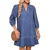utcoco Denim Dress for Women Casual Loose Fit 3/4 Sleeve Ruffle Jean Badydoll Mini Dress with Pockets