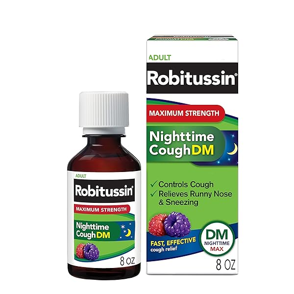 ROBITUSSIN MAXIMUM STRENGTH NIGHTTIME COUGH DM MAX, ADULT FORMULA, BERRY FLAVOR – 8 FL OZ BOTTLE