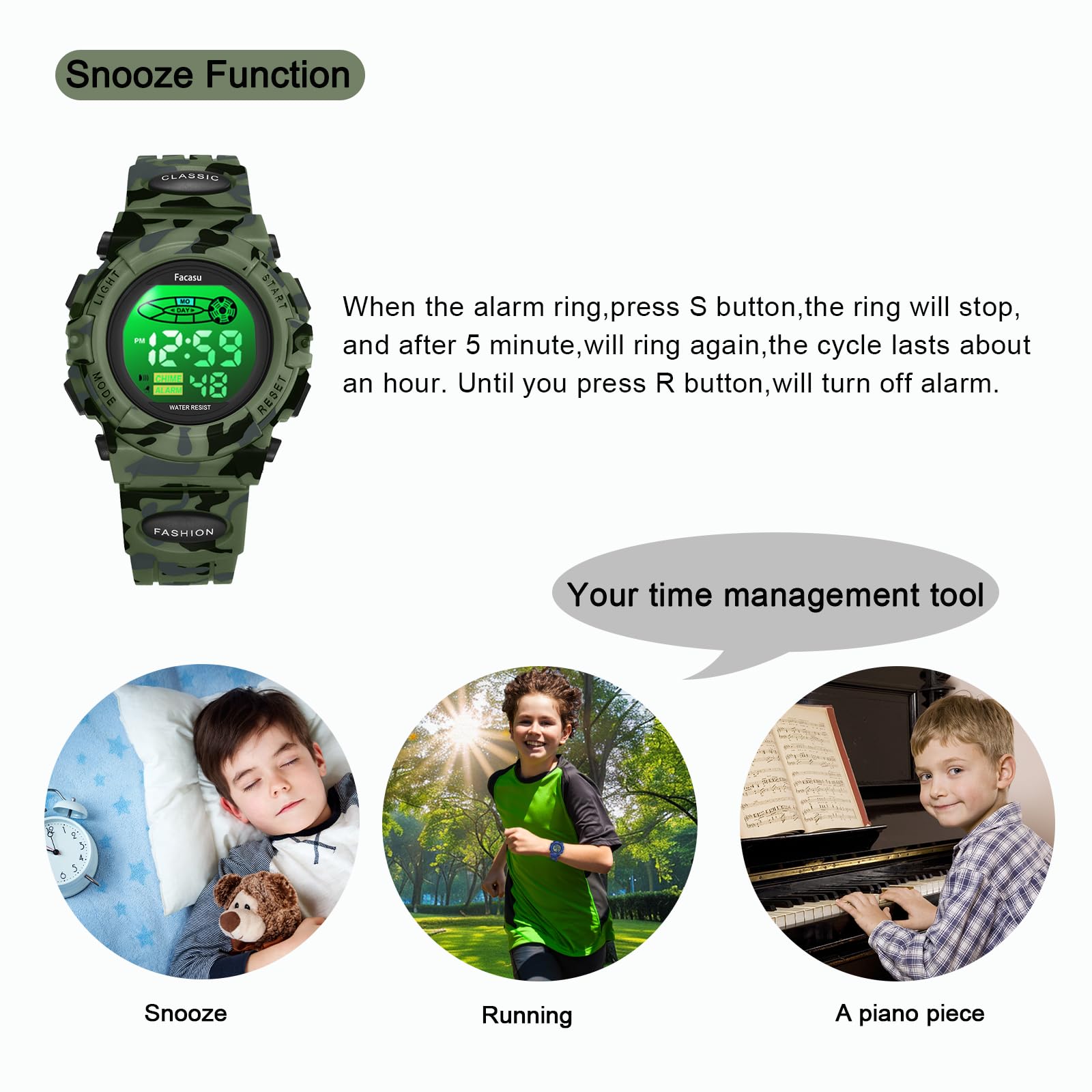 Facasu Camo Sports Watch for Boys-Waterproof Kids Digital Watch with Colorful Light, Alarm&Snooze,Stopwatch Military Design Silicone Band Gift for Birthdays,Christmas Outdoor Activities(8+ Years)