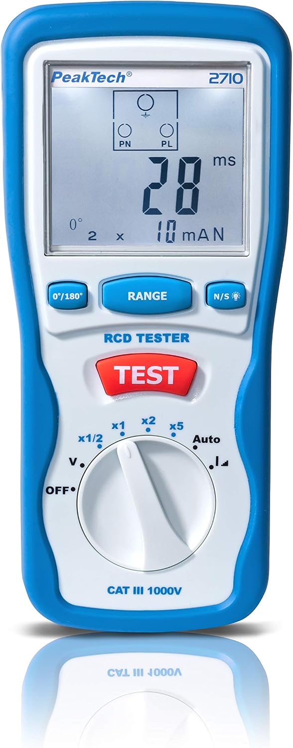 PeakTech P 2710 - Digital RCD Tester, CAT III 600 V, 3-Digit LCD Measurement Display with Backlight, Blue, 92 x 200 x 50 mm