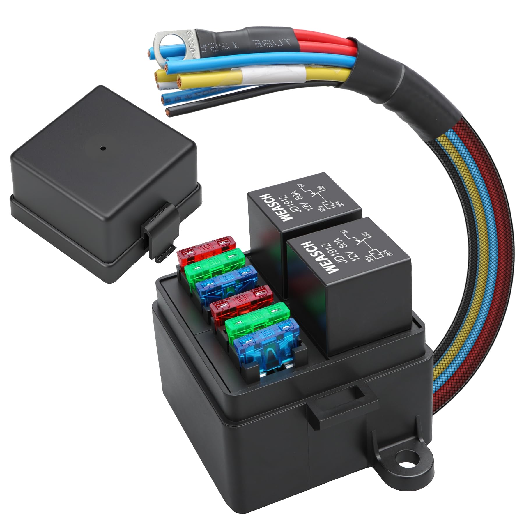 Photo 1 of Weasch 12V Pre-Wired Fuse Relay Box, 4-Pin 80A Relay Block and Kit, 2 Relays and 6 ATC/ATO Blade Fuses, for Cars Truck Marine Boat Jeep