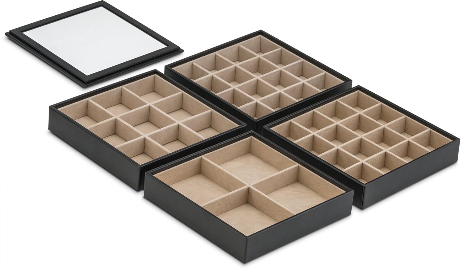 Glenor Co Earring Organizer Tray - 4 Stackable Trays with Lid -45 Slot Classic Jewelry Storage Display Case for Drawer or Dresser - Holder for Earring Ring Necklace or Cufflinks - Large Mirror - Black: Home & Kitchen