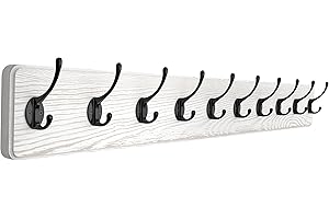 SAYONEYES Rustic Coat Rack Wall Mount, 38.6 Inch Long Solid Pine White Wood Wall Rack, Coat Hanger Wall Mounted with 10 Heavy Duty Hooks for Hanging Coat, Towels, Hat, Jacket - 1 Pack