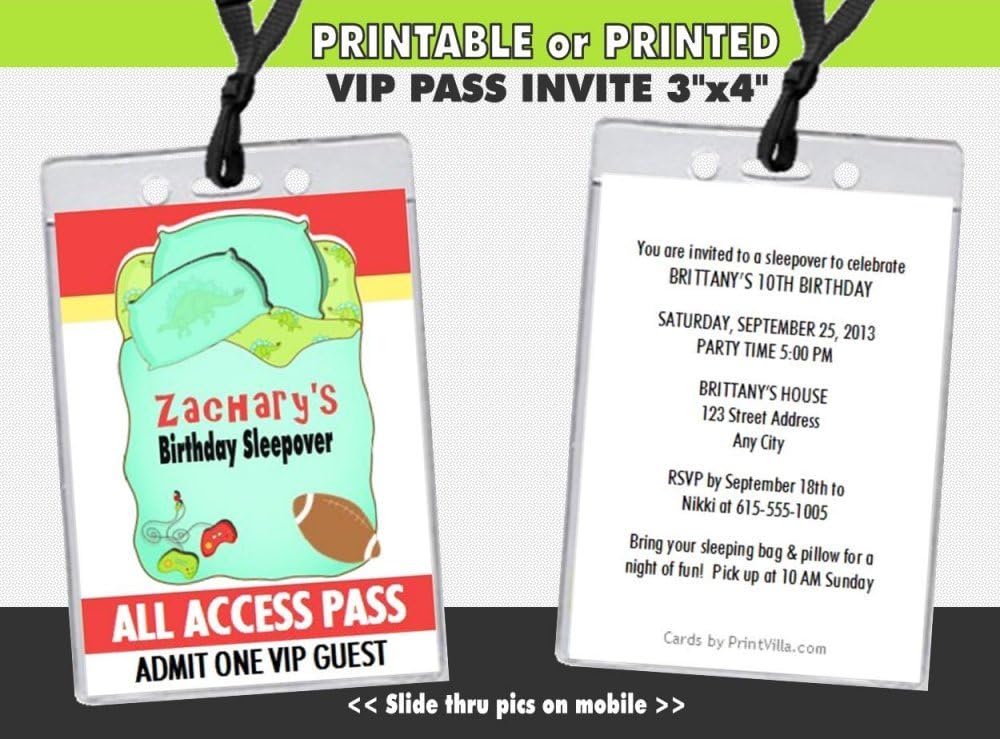 Sleepover Birthday Party VIP Pass Invitation, Printable or Printed Option
