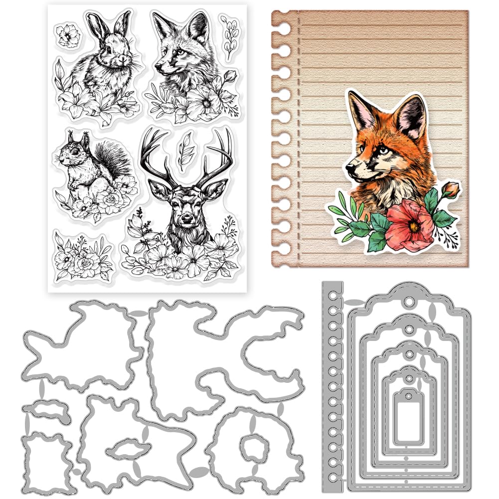 INFUNLY [DIE CUTS, STAMPS] Animals Flowers Label Stencil Set - PVC 3pcs Set with Reusable Silicone Stamps and Clear Cutting Dies for Card Making, Scrapbooking, Embossing, Album DIY Craft