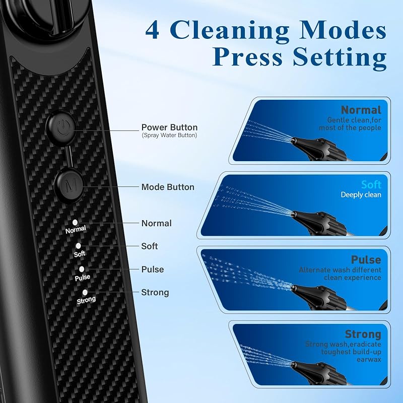 Nettoyeur Oreille Électrique, Kit d’Élimination du Cérumen avec 5 Modes de Nettoyage, Irrigation Oreille avec Écran LCD, IPX5 Étanche, Réservoir 200ml, Recharge USB-C