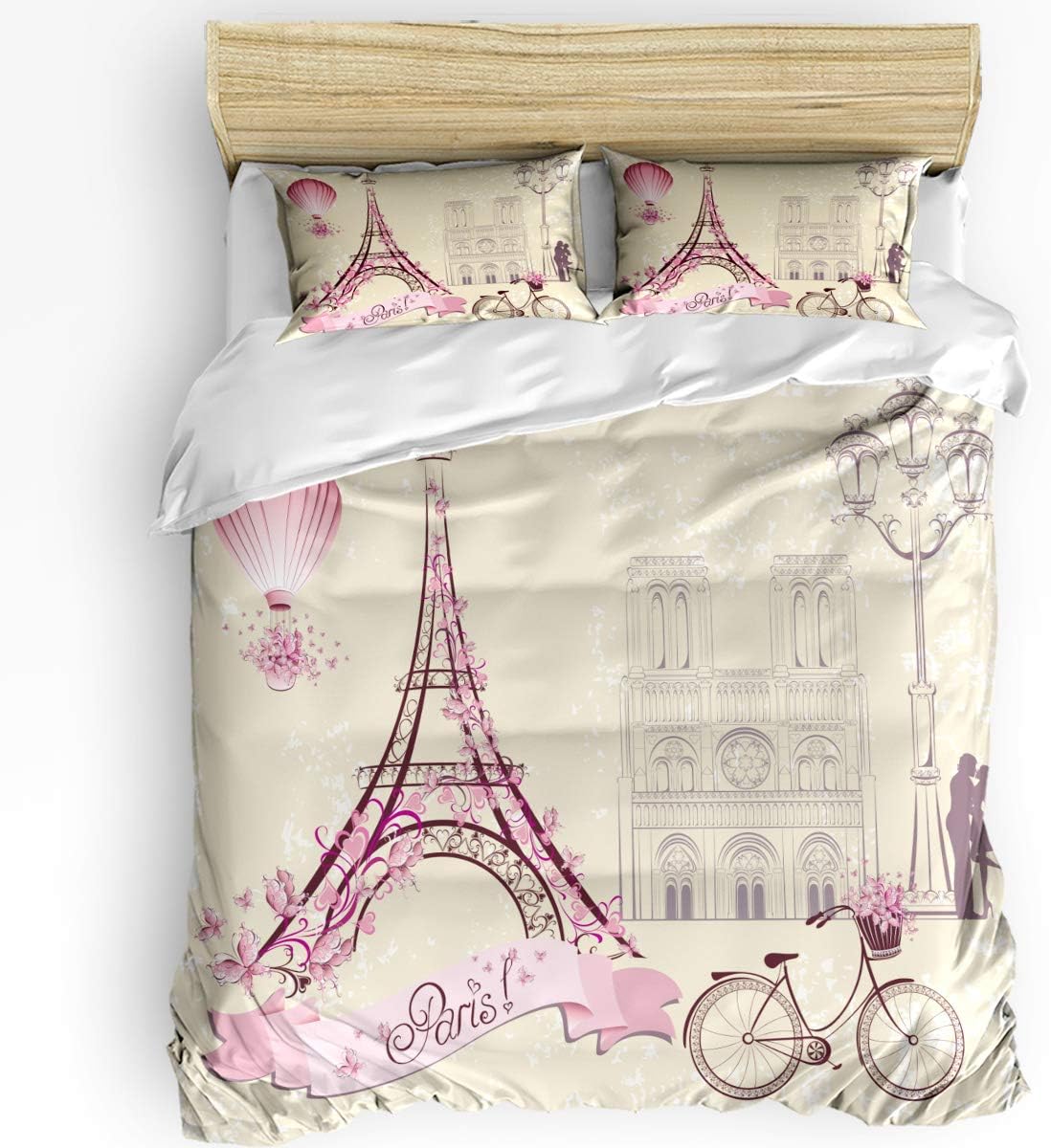 Duvet Cover Set Printed 3 Pcs Bedding Set Full Size Include 1 Duvet Cover, 2 Pillow Shams Romatic Eiffel Tower with Bicycle Pattern Soft Comforter Quilt Cover Sets for Children/Adults