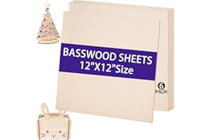 HEKOOLA 6 Pack Basswood Sheets 12" x 12" x 1/8", 5mm Basswood for Laser Cutting， Thin Plywood Sheets Unfinished Wood for Crafts, DIY Architectural Models Making, Wood Engraving