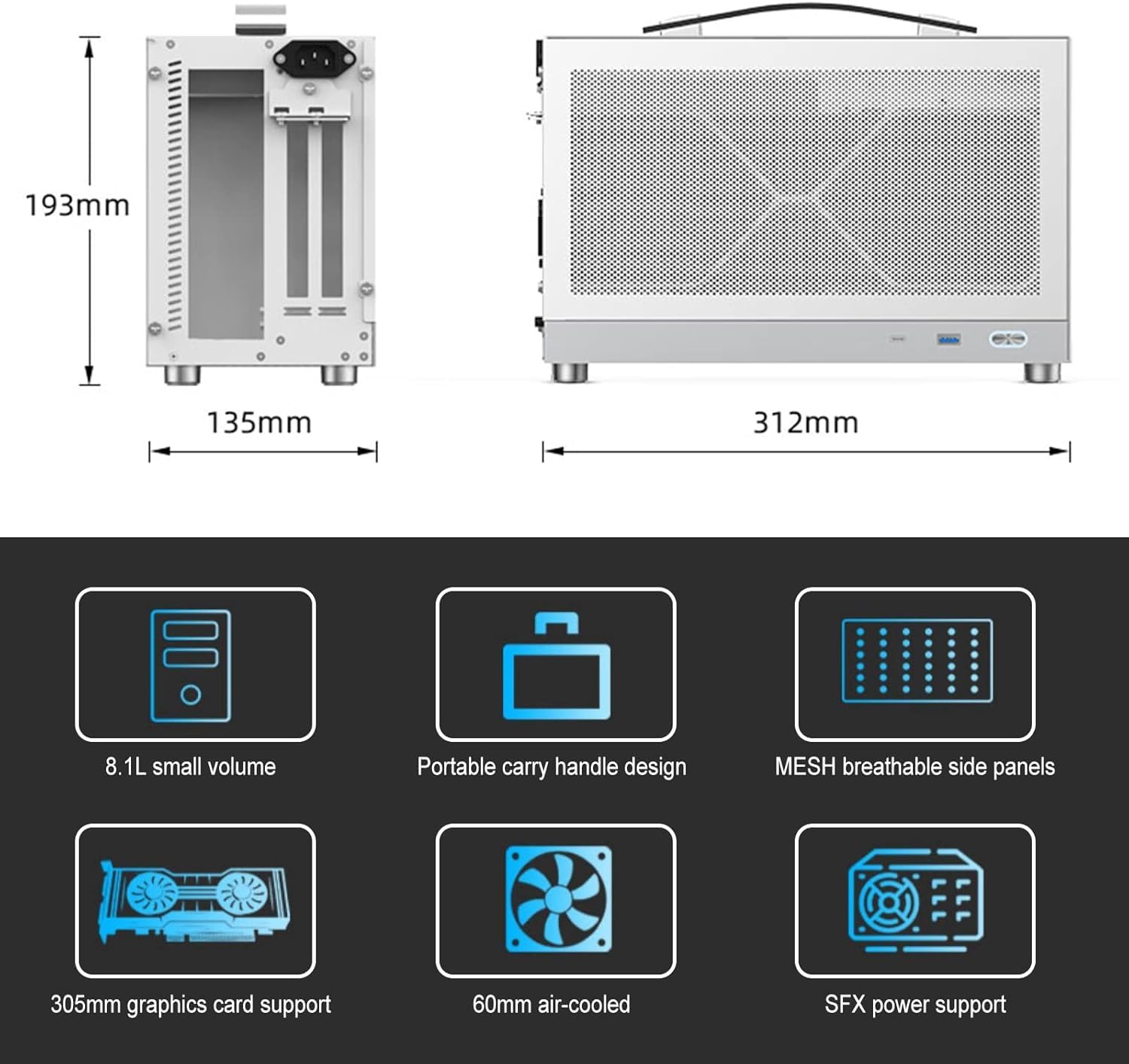 LAN Gaming 8L Portable Mini ITX Case w/ PCIe 4.0 Riser - Smallest Chassis supporting 300mm RTX 5080 GPU, 55mm 125W Cooler, 130mm 1000W SFX PSU, & ITX Motherboard with USB-C 3.2 front port (White)