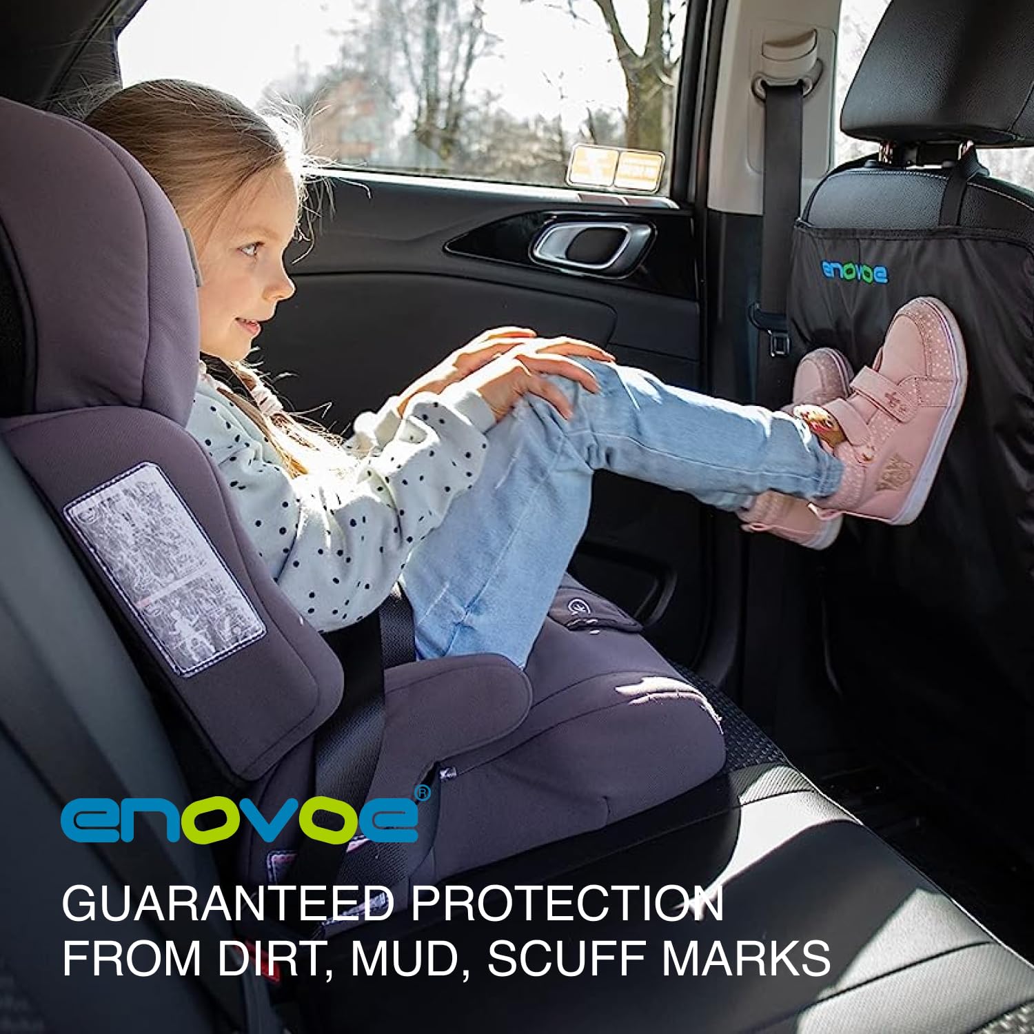 Enovoe Kick Mats Protector for Child - 2 Pack - Premium Quality Car Seat Back Cover Offers Waterproof Protection of Your Upholstery from Mud and Scratches - Seat Back Kick Protector for Kids