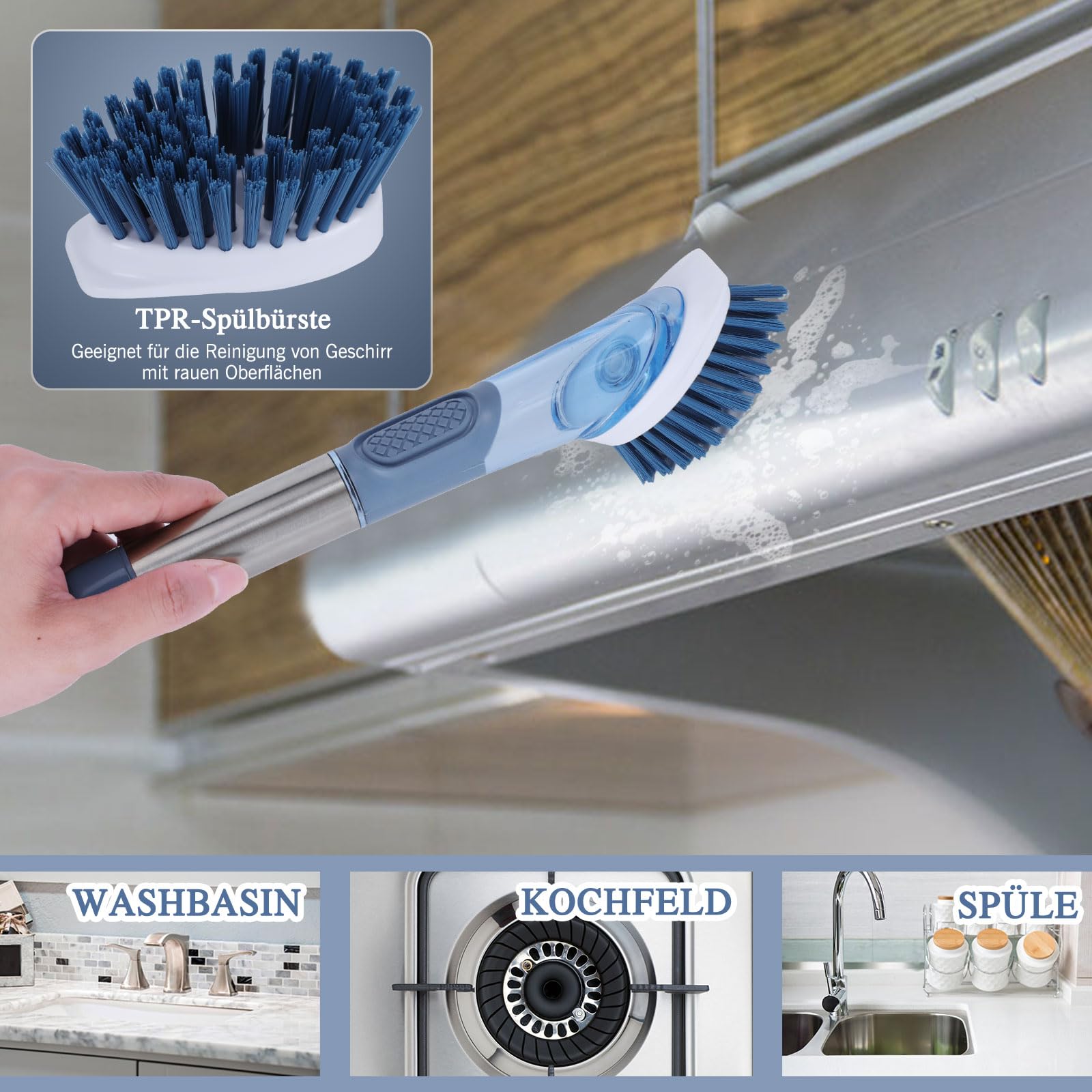 Masthome Spülbürste mit Spülmittelspender, Befüllbare Spülbürste, 4 Verschiedenen Ersatzköpfen, Multifunktional Küchenbürste Reinigungsbürste, Geschirrbürste für Geschirr, Töpfe, Spülen Reinigung 7