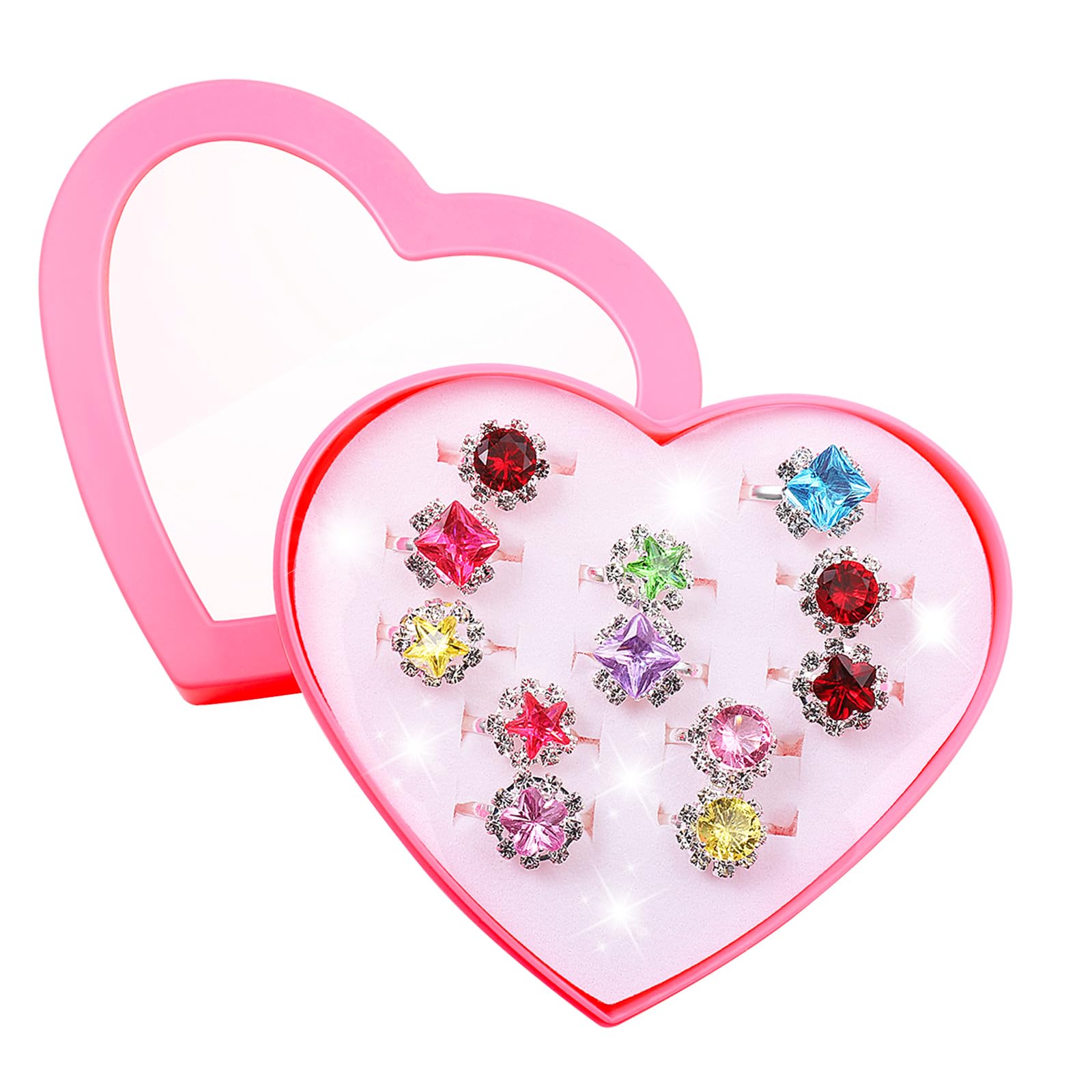 PartyKindom 12PCS Kids Rings for Girls: Adjustable Princess Finger Ring Set with Heart Shape Box for Children Birthday Pretend Play Party Favor Supply