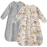 Unnivoll Baby Sleep Sack 6-12 Months 100% Cotton Long Sleeve Wearable Blanket Baby Sleep Bag with 2-Way Zipper 2 Pack 0.5 Tog Sleeping Sack for Newborn Infant Apricot Gray Elephant