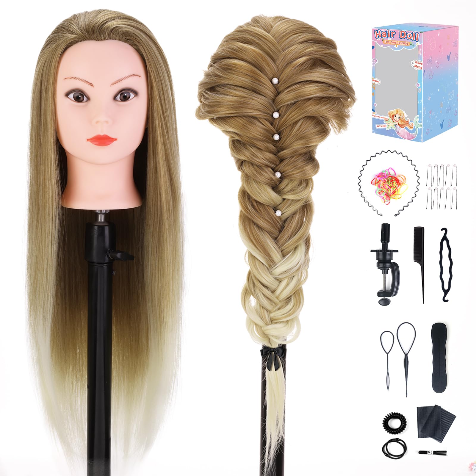 TopDirect 29" Hairdressing Training Mannequin Head, 100% Synthetic Fiber Hair Mannequin Head, Hairdressing-head for Hair Styling with Table Clamp and DIY Braiding Set（Brown）