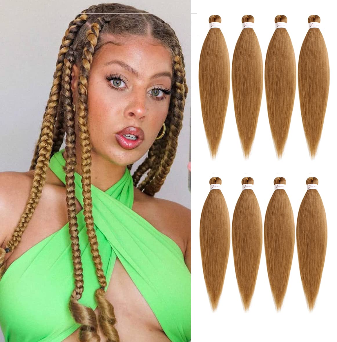 Leeven 8 Packs Brown Pre Stretched Braiding Hair Extensions 20 Inch Yaki Hot Water Setting Fiber EZ Braid Pre-stretched Braiding Hair for Box Braids Knotless Braids /16 Inch 27#