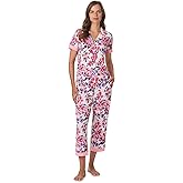 Anne Klein Womens Short Sleeve Button Down Pajama Top & Capri Pant Set - Soft Sweater Knit - Matching Sleepwear & Loungewear