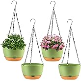 4 Pack Plastic Hanging Planters, 8 Inch, Green | Indoor Plants, Indoor Outdoor Hanging Baskets,Drainage Holes and Chain, Garden Porch Plants