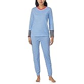 Nautica Striped Lightweight Cotton Pajama PJ Set for Women, Womens Long Sleeve PJs Pajamas Crewneck Shirt & Jogger Pants Sets