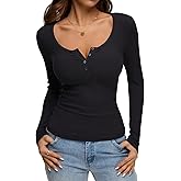 REORIA Women's 2025 Fall Long Sleeve Henley T Shirts Button Ribbed Knit Slim Fit Casual Basic Tops Blouse