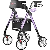 PLANET WALK Foldable Rollator Walker for Seniors with Soft Seat, 350 lbs | 8" All-Terrain Puncture-Proof Wheels, 15lb Lightweight, Reinforced Frame, Cup/Cane Holder, Memory Foam Pad, Carry Bag, Purple