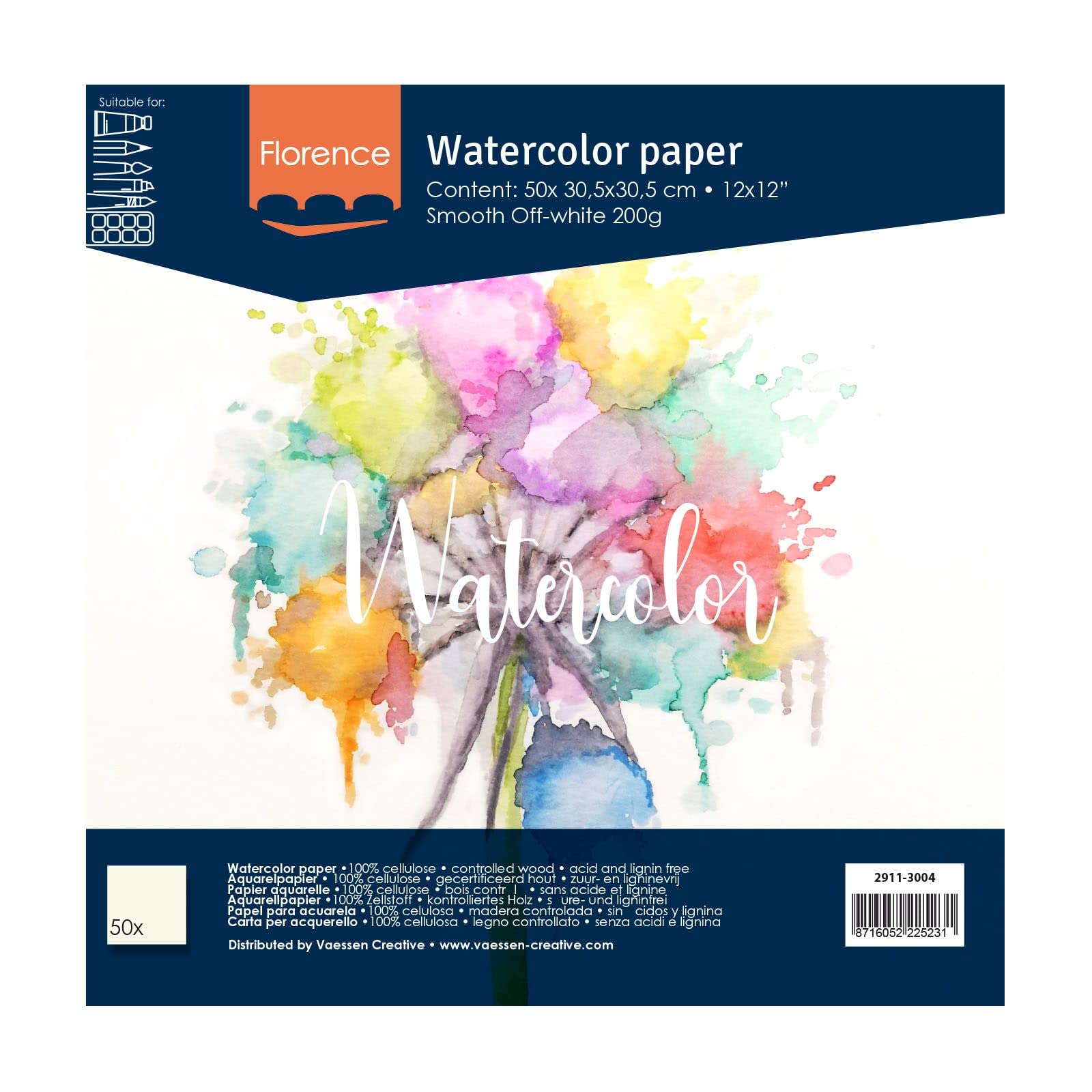 Vaessen Creative Florence Watercolour Paper 12x12 in Ivory, 300 GSM, Artist Grade Quality, Smooth Surface, 50 Sheets for Scrapbooking, Painting, Handlettering, Art Projects, 12 x 12"