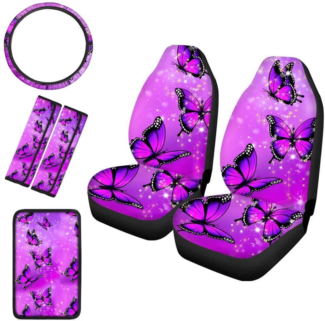 GePrint Purple Butterfly Car Accessories Set,Including Front Car Seat Covers&Steering Wheel