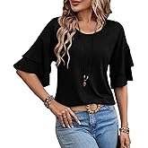 Womens Crew Neck Sleeve Tops Double Ruffle Short T-Shirt Dressy Casual Blouses Spring Summer Fall Loose Fit Tunic