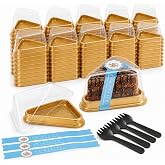 LDXDRU 100Pcs Cake Slice Boxes, Individual Cake Slice Container, Pie Slice Containers Disposable, with Lid Sticker and Fork, Clear Cheesecake Container for Pies Snack Dessert, Gold