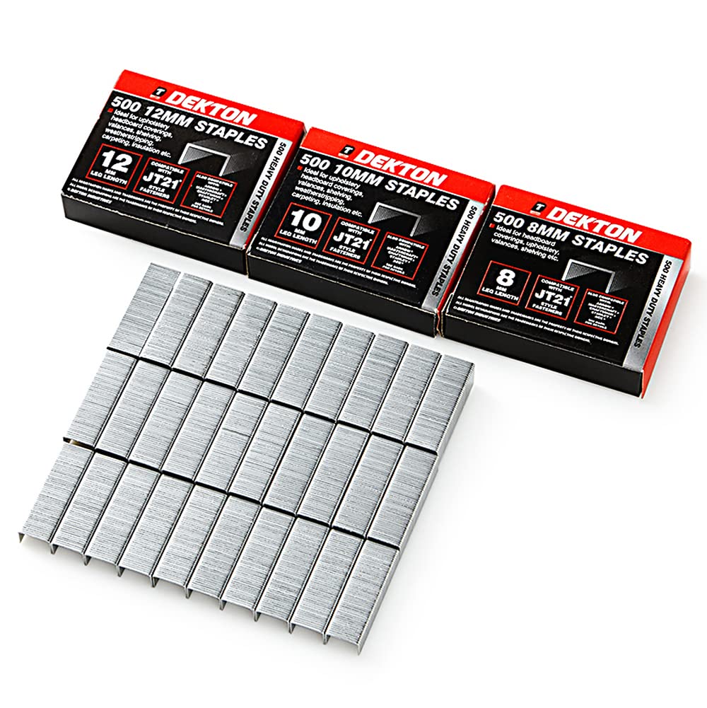 Dekton 1500pc Staples Set-Heavy Duty 8-10-12mm Staples For Staple Guns & Tackers|Galvanized Steel For Strong, Durable Fastening|Ideal For Upholstery Headboard Coverings, Valances, Shelving, Insulation