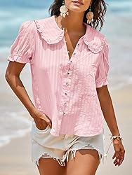 Tankaneo Womens Puff Sleeve Shirts Peter Pan Collar