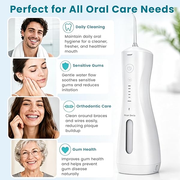 PRISM SMILE CORDLESS WATER FLOSSER, 6 ADJUSTABLE PRESSURE MODES, 240ML LARGE TANK, IPX7 WATERPROOF, 8 REPLACEABLE NOZZLES, FOR ORTHODONTIC, BRACES, SENSITIVE GUMS