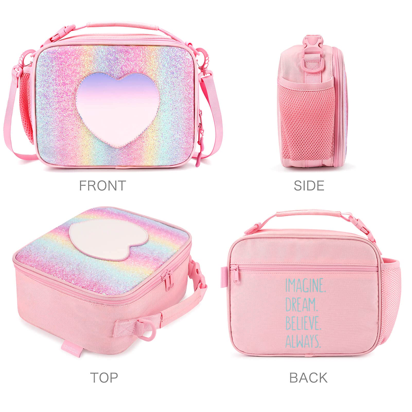 mibasies mibasies Girls Lunch Bag for Kids Insulated Lunch Box with Shoulder Strap and Bottle Holder, Glitter Rainbow