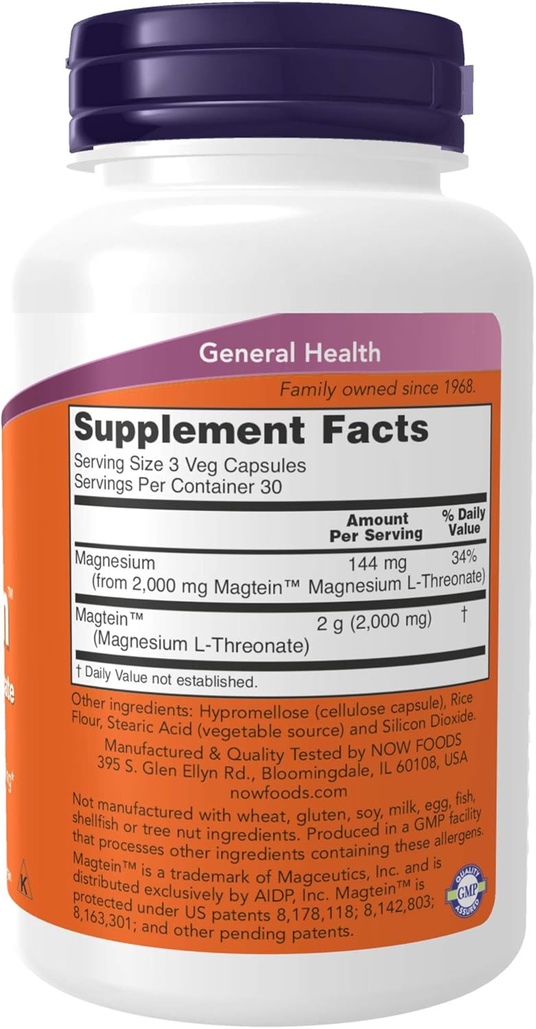 NOW Supplements, Magtein™ with patented form of Magnesium (Mg), Cognitive Support*, 90 Veg Capsules: Health & Personal Care