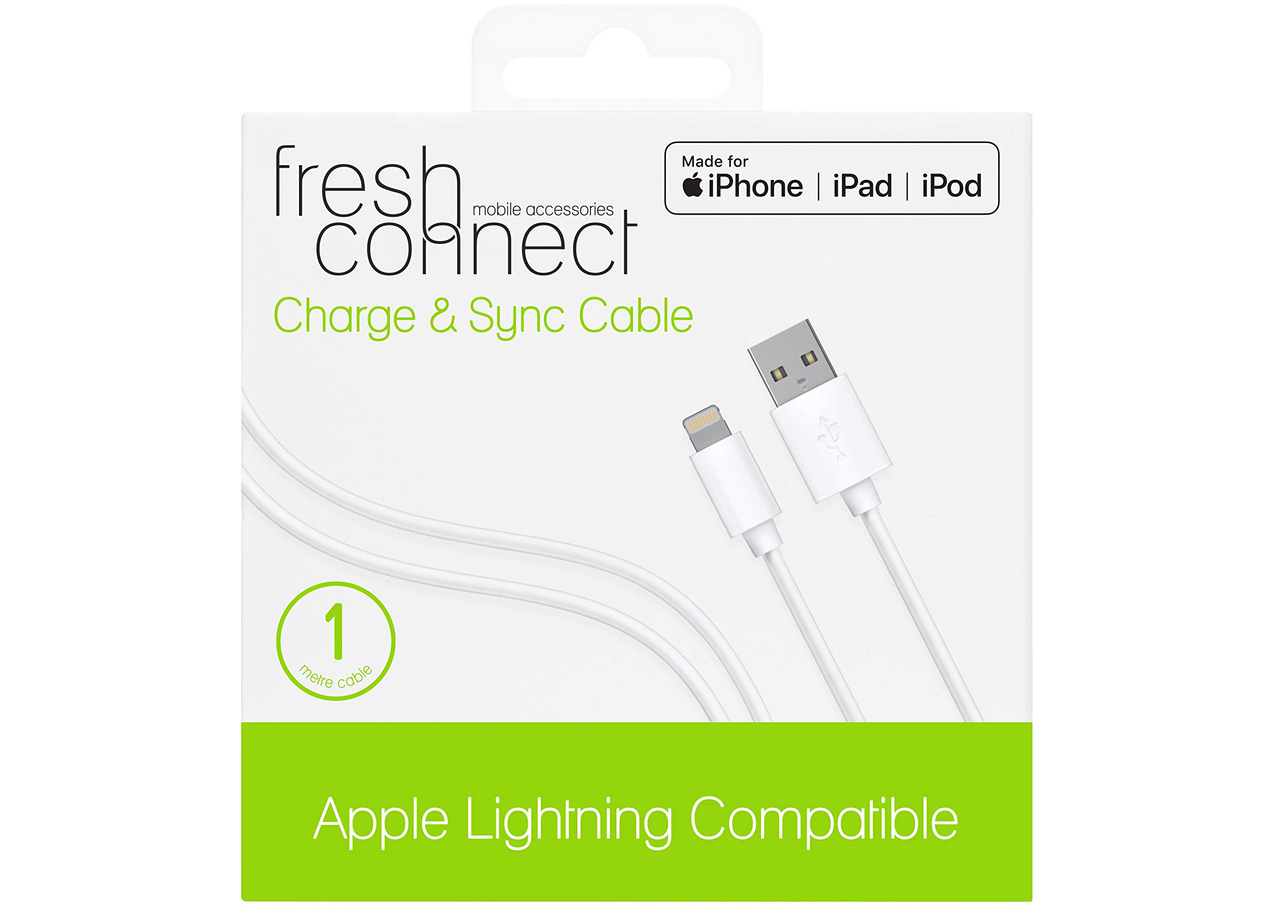 Fresh Connect 1m MFI Certified Lightning Charge & Sync Cable, for iPhone 13, 13 Pro, 12, 12 Mini, 11, 11 Pro, X, XS, XR, 8 - White