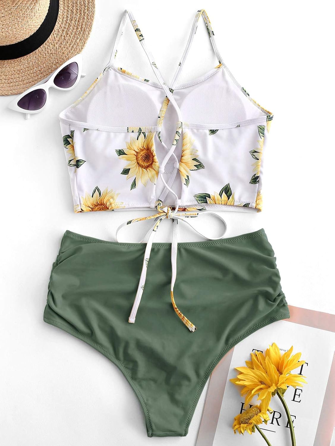 ZAFUL Womens Spaghetti Straps Sunflower Lace-up High Waisted Tankini Set