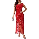BINXIAD Women's Sequin Tulle Round Neck Sleeveless Gowns Ruffle Mesh Hem Evening Party Maxi Dress