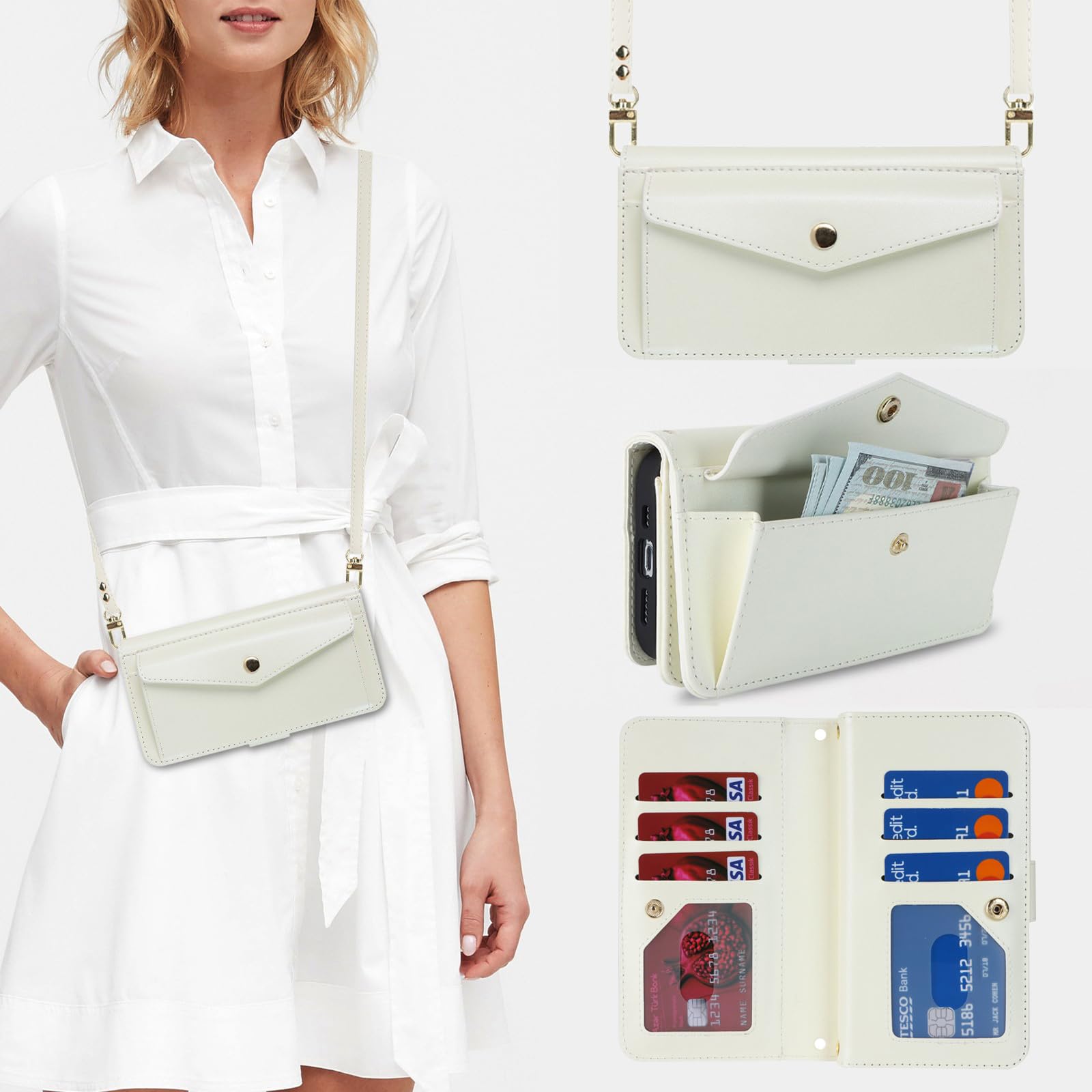 Zouzt for iPhone 14 Pro Wallet Case for Women, Purse with Credit Card Holder Slots Crossbody Lanyard Strap Flip Folio Book Shockproof Protective Cover for Apple iPhone 14 Pro 6.1 Inch (White)