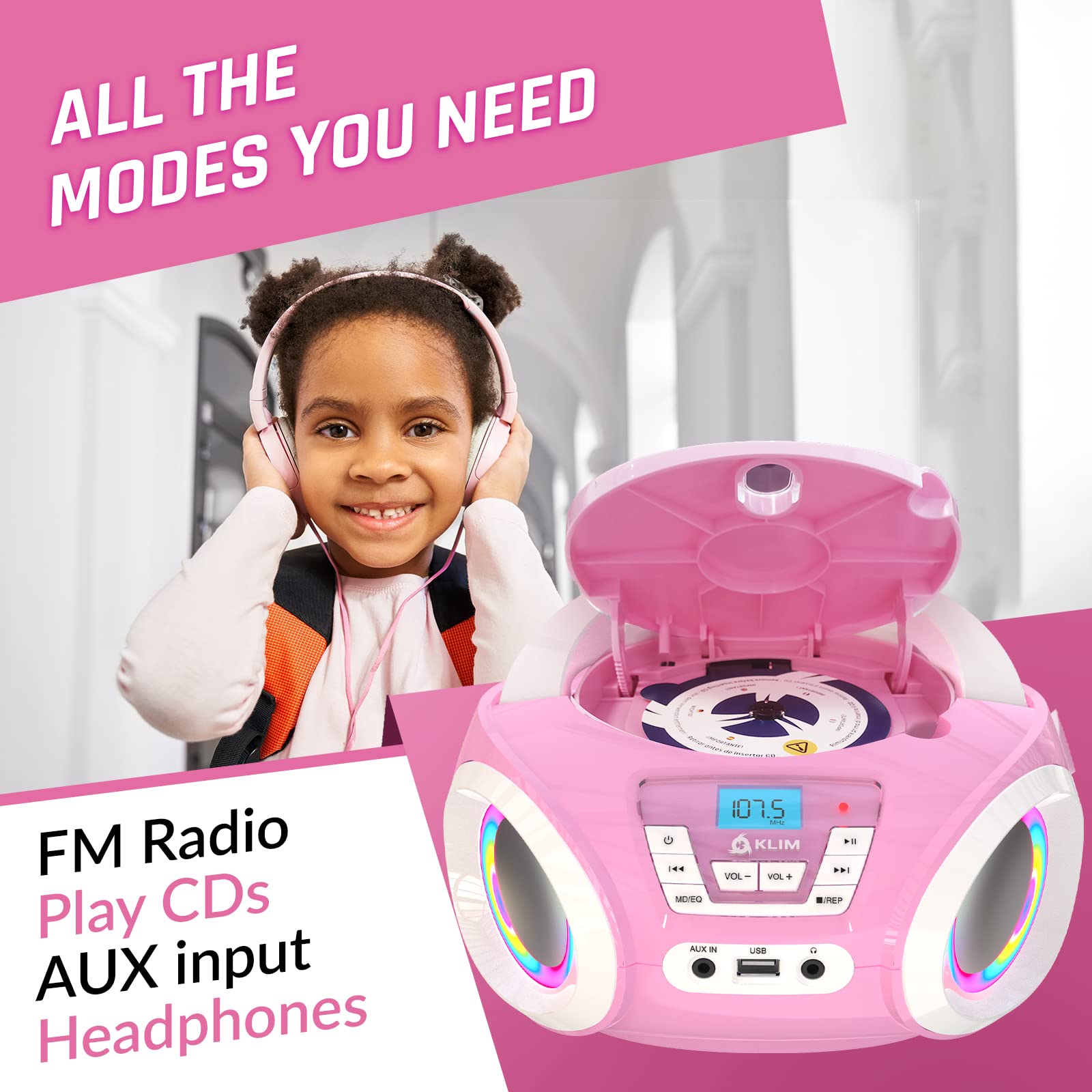 KLIM Candy Kids CD Player for Children - FM Radio - Includes Batteries - Pink - Boombox Portable - CD Player Children - with Speakers, Toddlers (Pink)