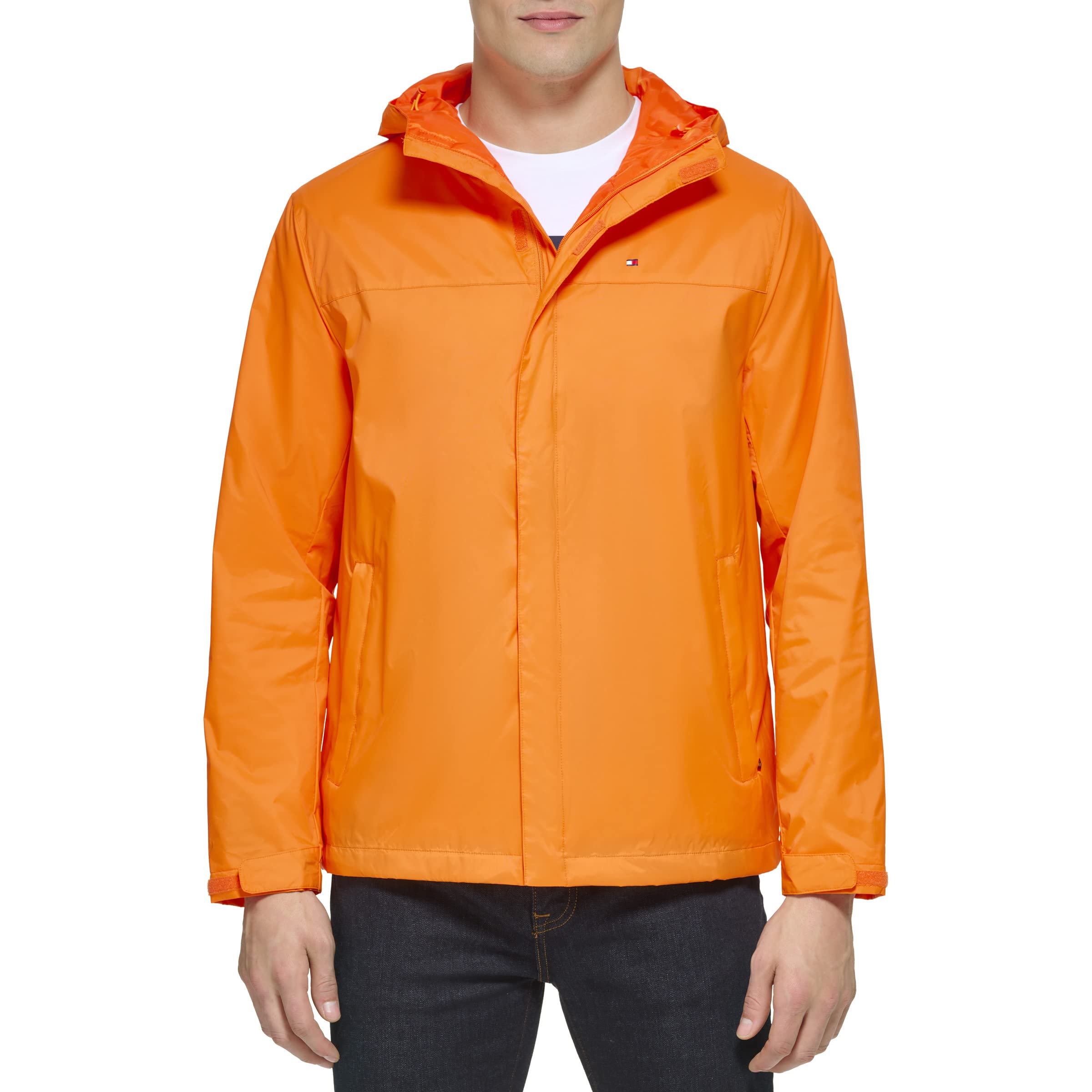 Tommy Hilfiger Men's Lightweight Breathable Waterproof Hooded Jacket, Celosia Orange, Large Image