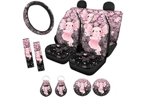 ZPINXIGN Kawaii Axolotl Car Seat Covers Full Set Cherry Blossom Car Accessories for Women Interior Cute,Pink Car Seat Cover with Steering Wheel Cover,Seat Belt Shoulder Pad,Keychain,Coaster