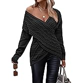 Womens Casual V Neck Long Sleeve Sweaters Cross Wrap Front Cable Knit Pullover Sweater Jumper Tops
