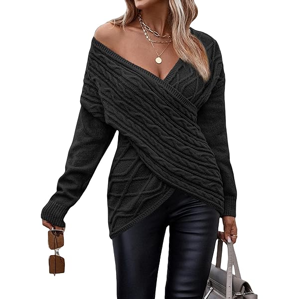 WDIRARA Women's Wrap V Neck Criss Cross Long Sleeve Asymmetrical