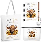 Sinmoe 5 Pcs Highland Cow Gift Set Women Christmas Highland Cow Lovers Stuff Canvas Tote Bag Makeup Bag Keychain Notebook Pen(Bean Paste,Stylish)