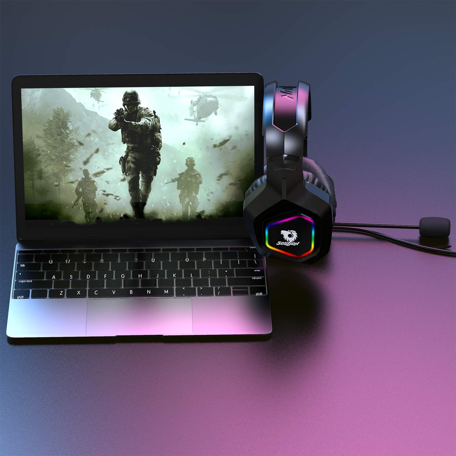 Soulion Tracer 30 PC Gaming Headset, Virtual 7.1 Stereo Surround Sound Headphones with Noise Cancelling Microphone, RGB Lights, USB Plug for Laptops Computers: Computers & Accessories