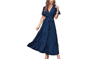 MASCOMODA Womens Boho Swiss Dot Maxi Dresses Wrap V Neck Flutter Short Sleeve Solid Tie Belt A Line Tiered Flowy Long Dresses