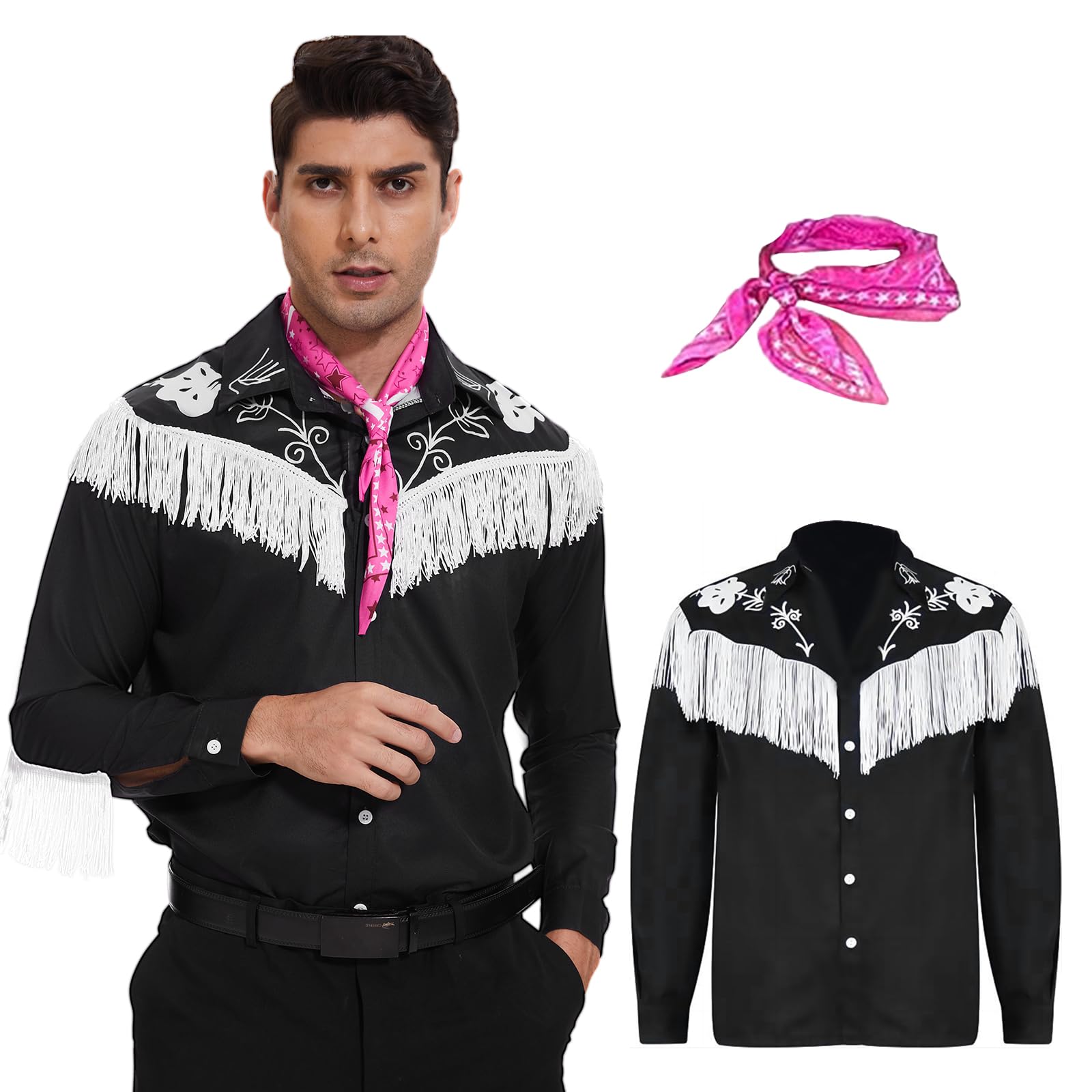 AJGEGJE Men Cowboy Costume, Western Long Sleeve Fringe Shirt with Scarf & Hat for Halloween Cosplay (L)