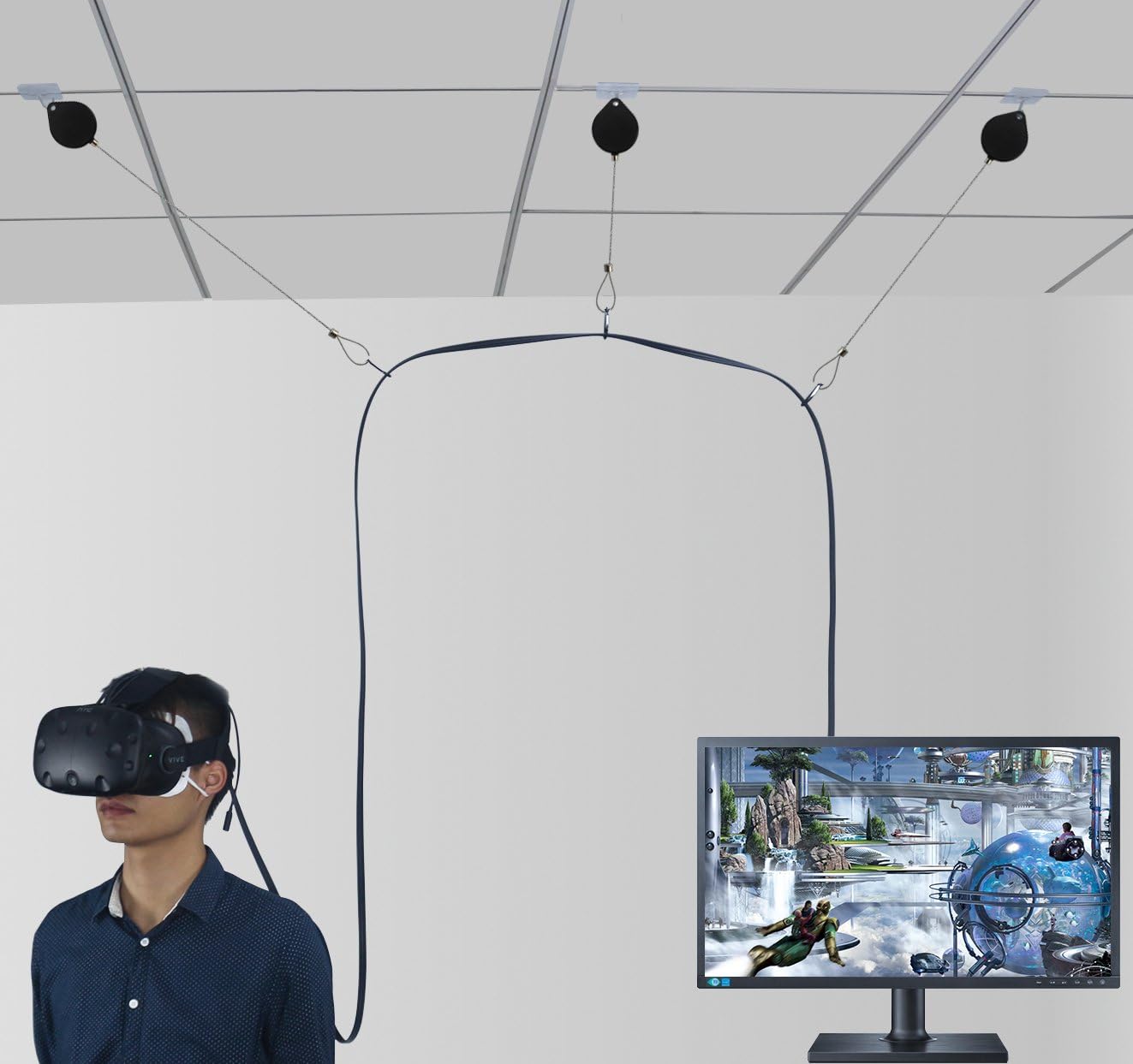 MIDWEC NEW Version VR Retractable Cable Management System for HTC VIVE Virtual Reality Headset- No More Worries about the Wire,Moving freely in the VR game- Adhesive Drill Free