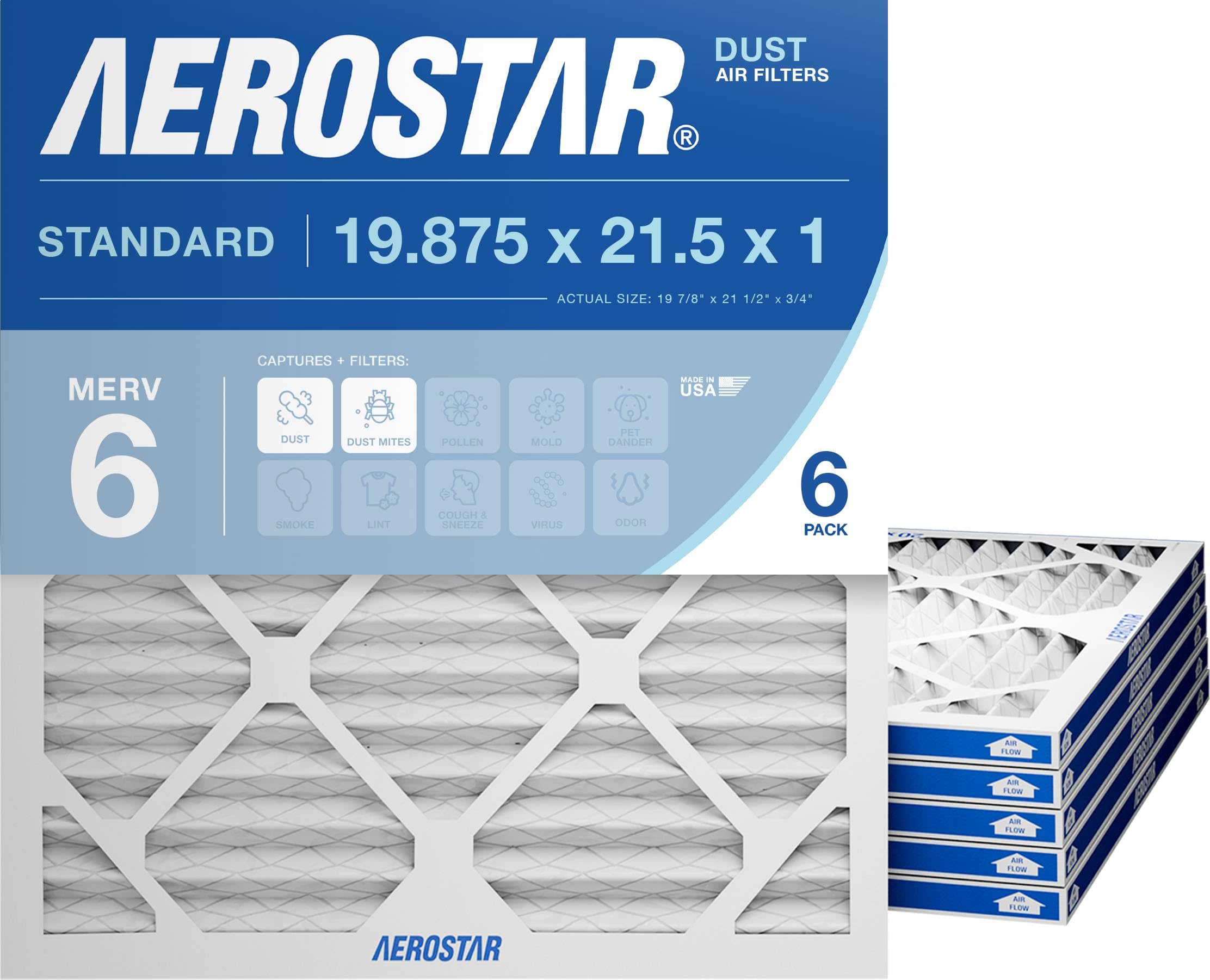 Aerostar 19 7/8 x 21 1/2 x 1 MERV 6 Pleated Air Filter, AC Furnace Air Filter, 6 Pack (Actual Size: 19 7/8"x21 1/2"x3/4") Image