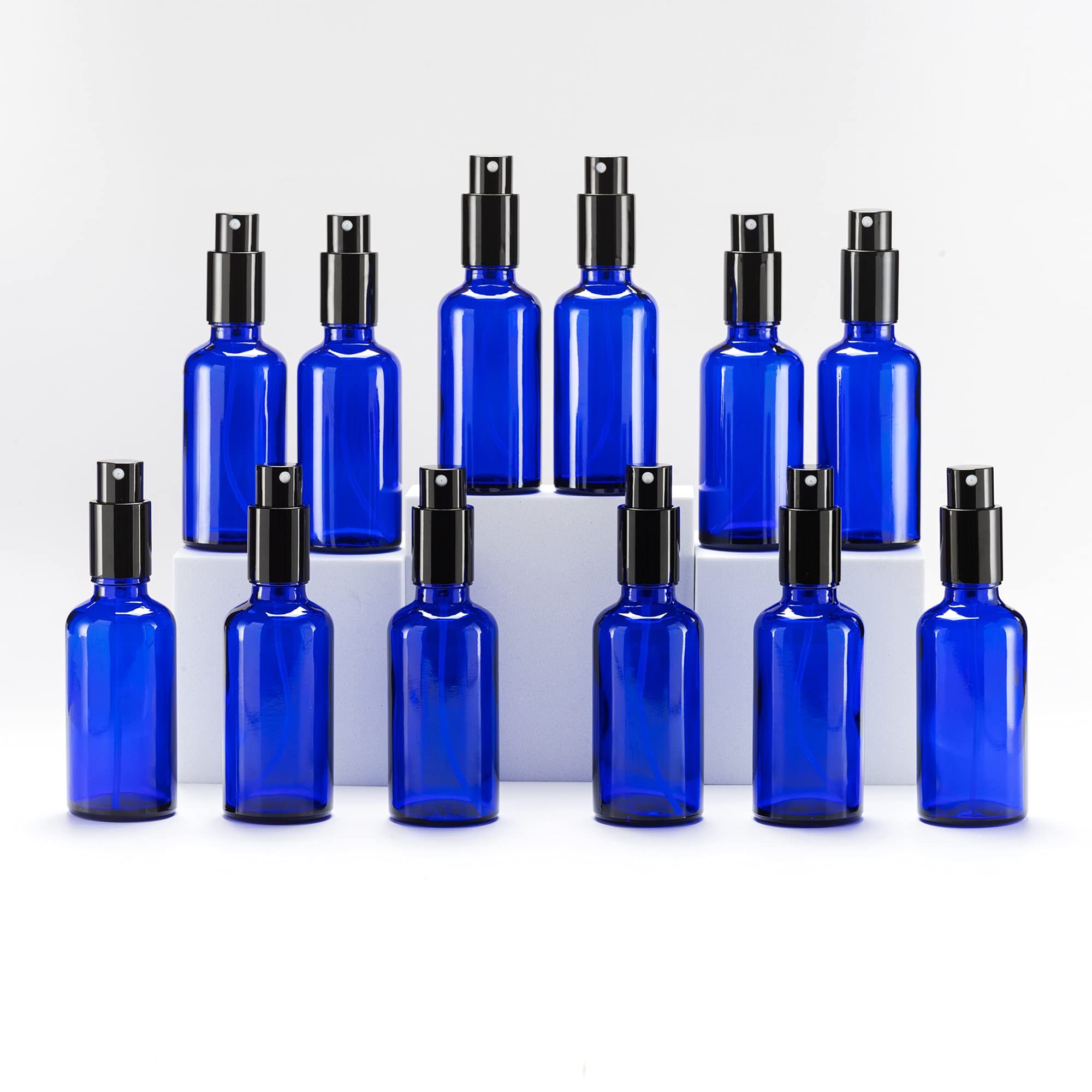 Yizhao 50ml Blue Glass Spray Bottle for Essential Oils, Small Empty Fine Mist Spray Bottle, for Cleaning, Aromatherapy, Cosmetic Sprays, Hair –12 Pcs